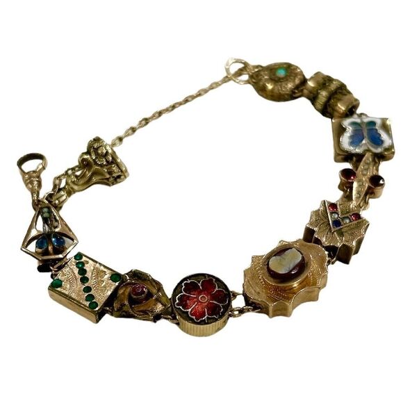 Vintage Victorian Slide Charm Gold Filled Bracelet with Mother of Pearl Fob - Picture 2 of 9